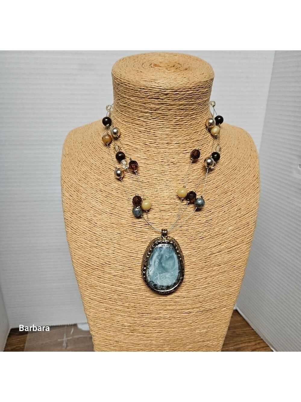 Multi-colored Beaded Choker Necklace with Blue-White Mottled Pendant